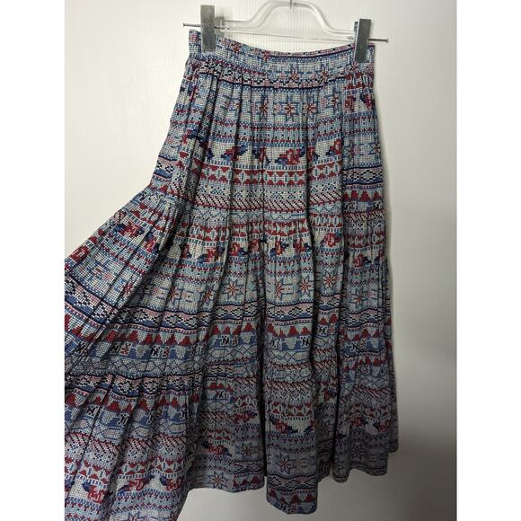 Vintage 80's KWBL Los Angeles Maxi Skirt Tiered Full Pixelated Folk Art Print M - Picture 5 of 8